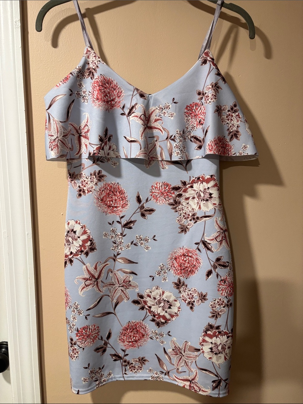 Missguided Light Blue Floral Ruffle Slip Dress